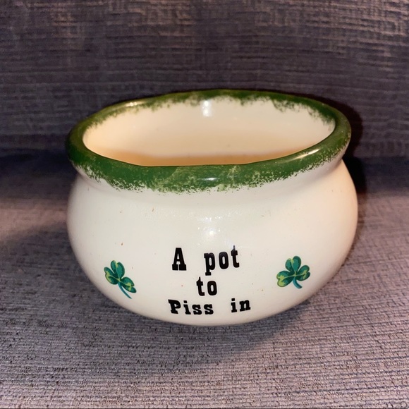 EUC Irish “A Pot to Piss In!” handmade and painted with shamrocks small crock